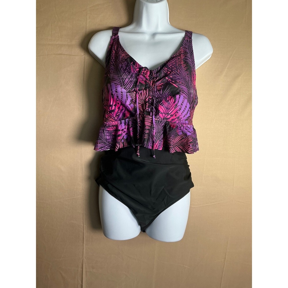 Daci Mens Plus Size Bikini Set High Waisted Ruffle Tummy Control Purple Leaf 14W - Picture 5 of 13